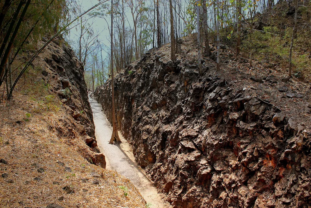 The Konyu Cutting at Hellfire Pass — the narrow rock corridor carved by POW labour during World War II
