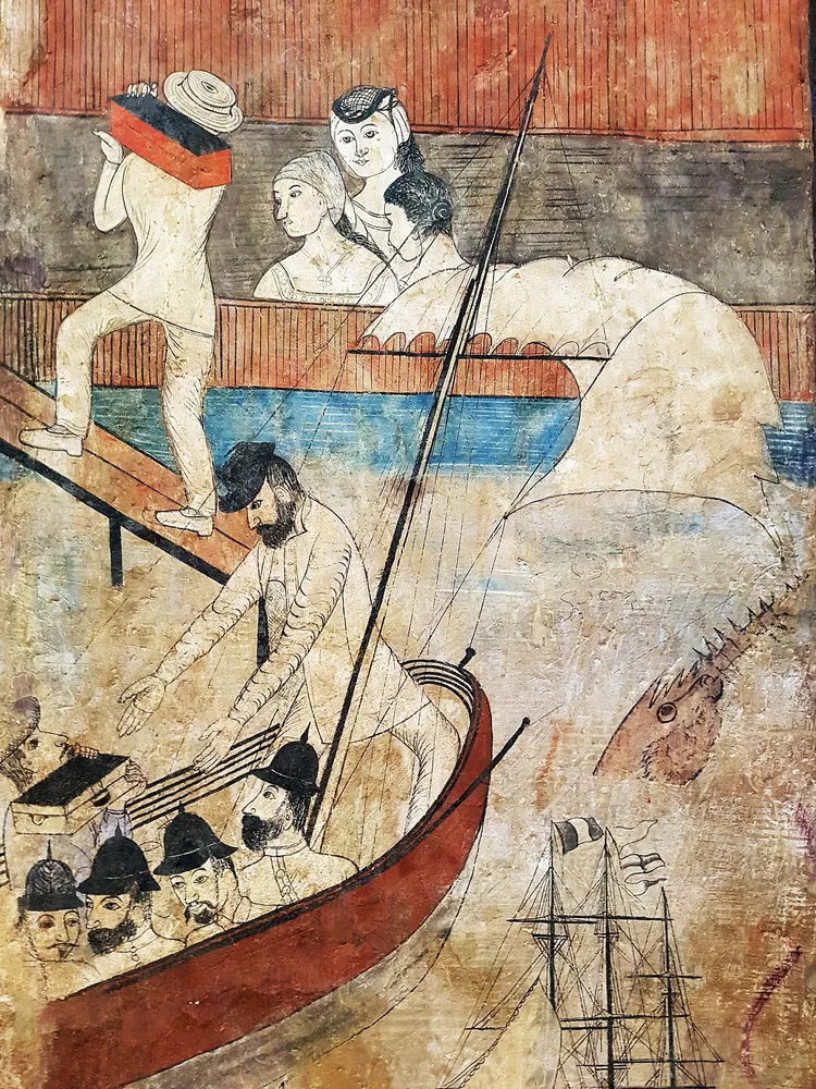 A mural at Wat Phumin, Nan (boat and foreigners scene)