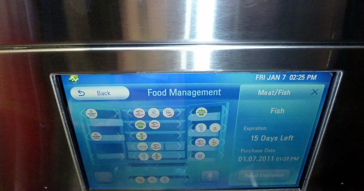 LG Smart refrigerator touchscreen showing Food Management — a feature preview of modern smart fridge capabilities
