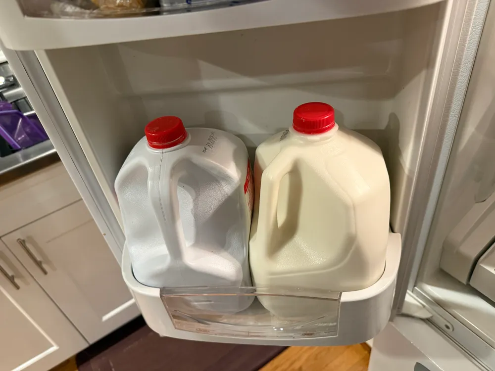 Refrigerator door storage holding large milk jugs — illustrating the door-side capacity of a 2-door fridge