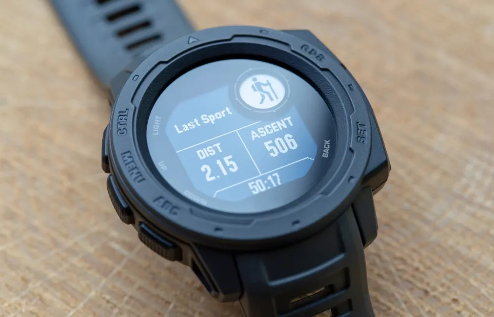 Garmin Instinct displaying Last Sport GPS data and distance