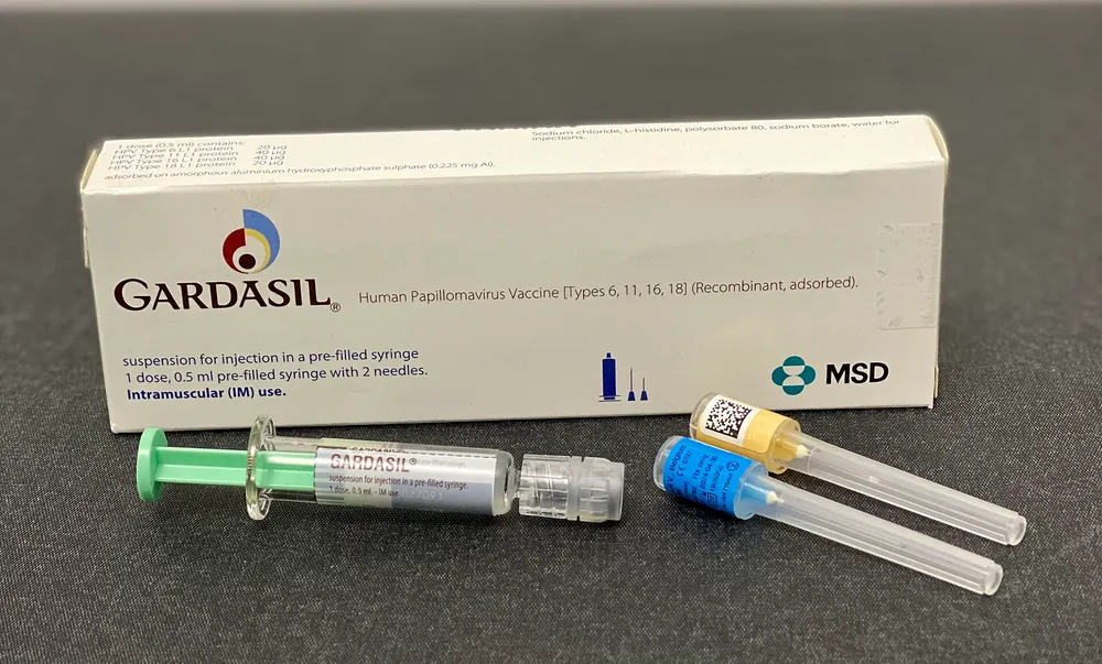 Gardasil HPV vaccine box and pre-filled syringe, covering HPV types 6, 11, 16, and 18 — including the two strains responsible for over 70% of cervical cancers