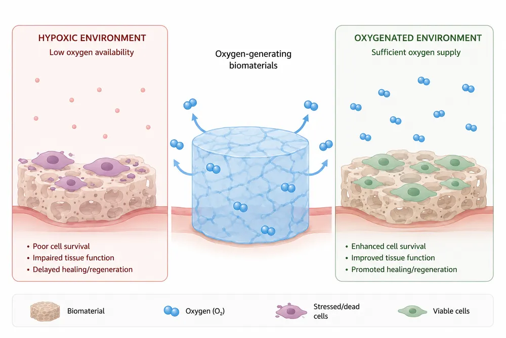 Illustration: how biomaterials interact with tissue — oxygen-generating biomaterials can dramatically improve cell survival and wound repair, a principle at the heart of next-generation hemostatic research