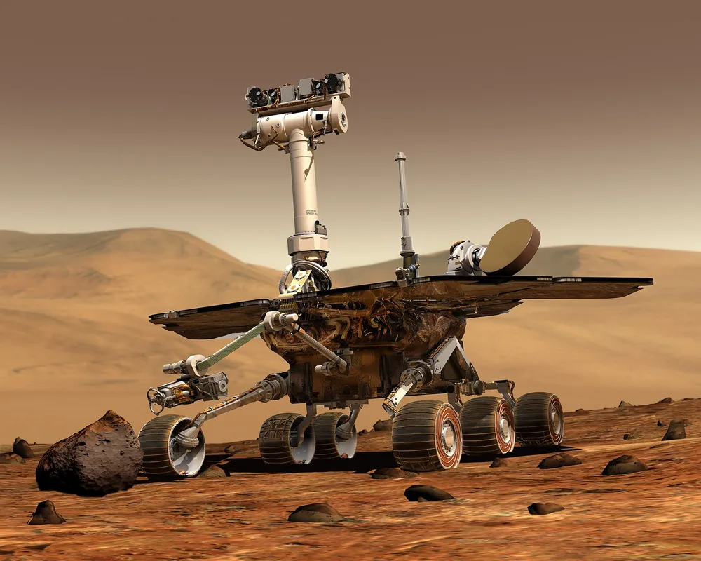 ภาพจินตนาการของยานสำรวจดาวอังคารรุ่น Opportunity บนพื้นผิวดาวอังคาร