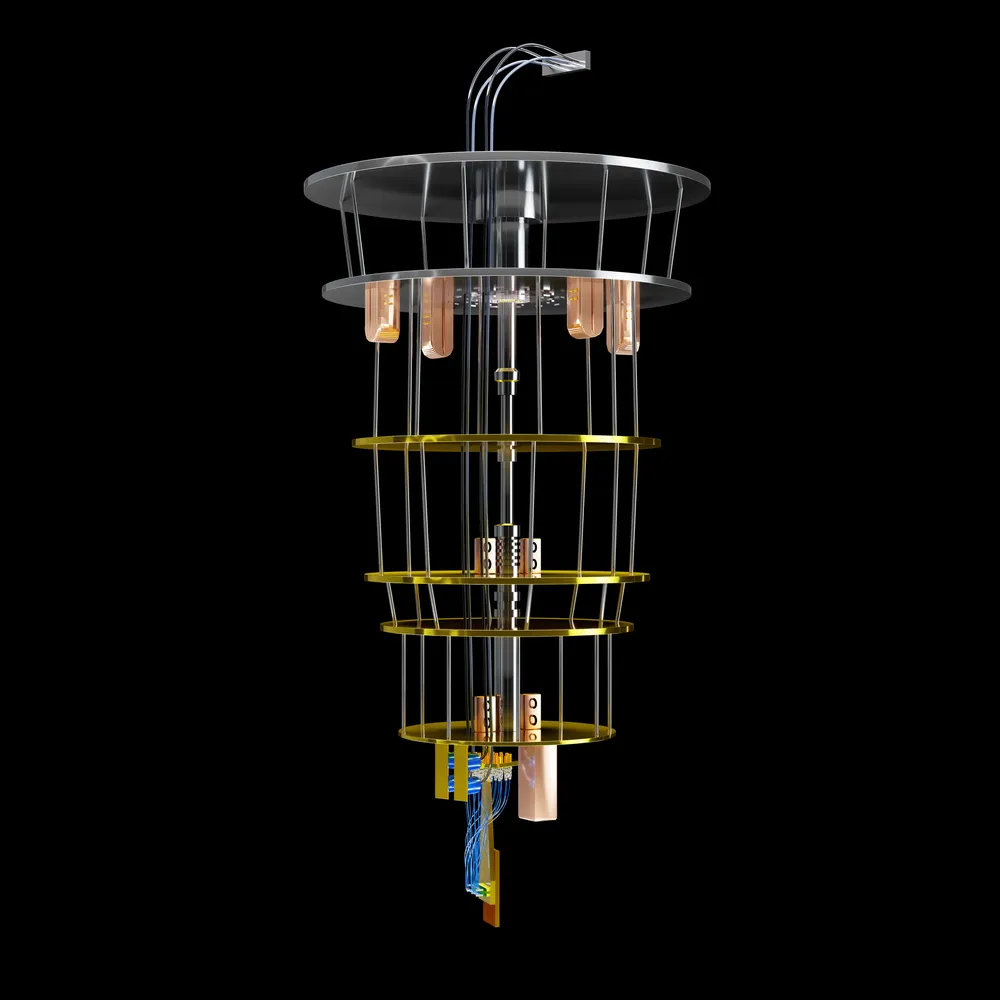 A dilution refrigerator used to cool quantum physics experiments down to near absolute zero